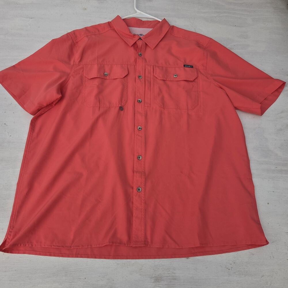 Eddie Bauer Shirt Mens Pink Performance Fishing Short Sleeve Button Up Vented XL